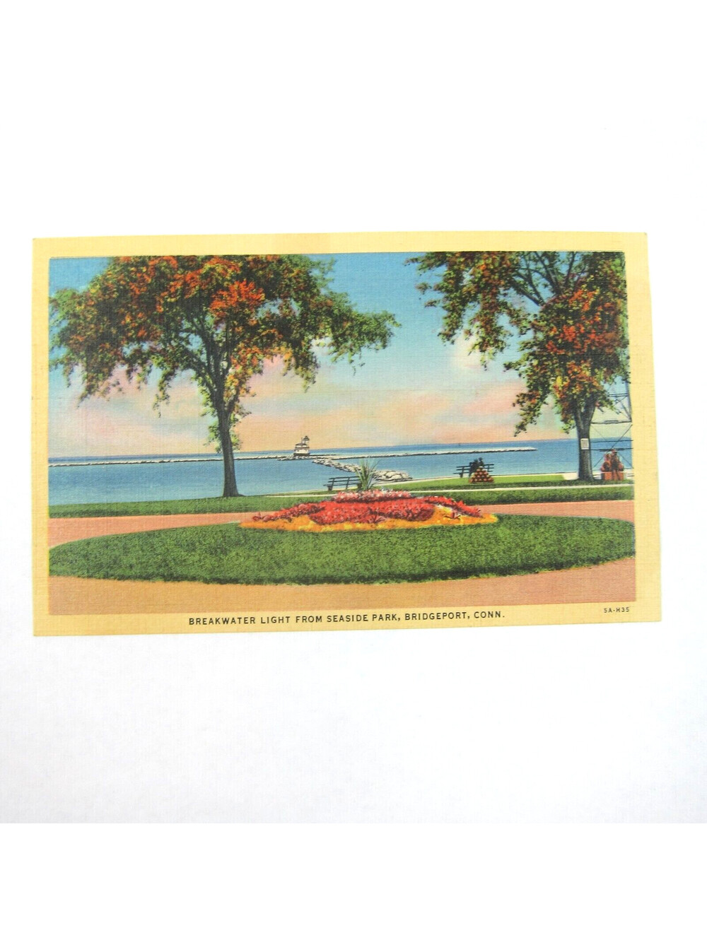 Linen Postcard Breakwater Light Seaside Park Bridgeport Connecticut Vintage 1935